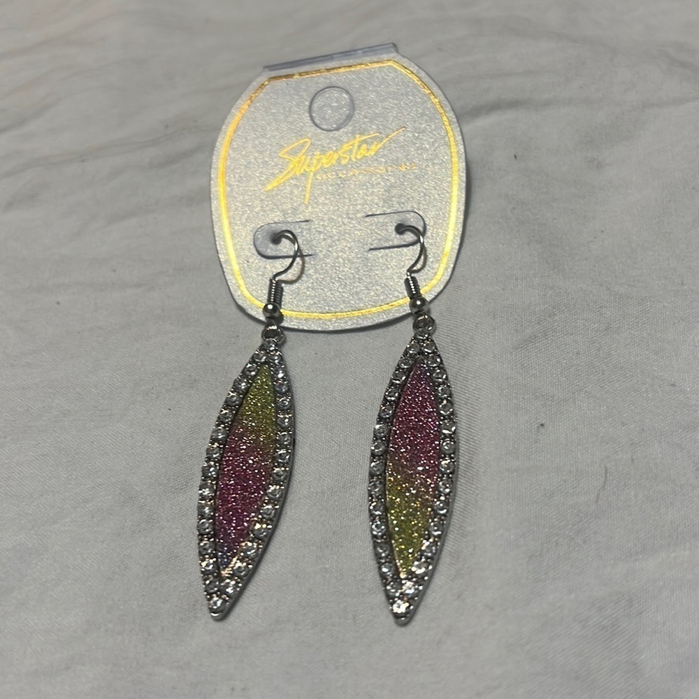 SuperStar Glitter Pink Yellow Rhinestone Dangle Earrings